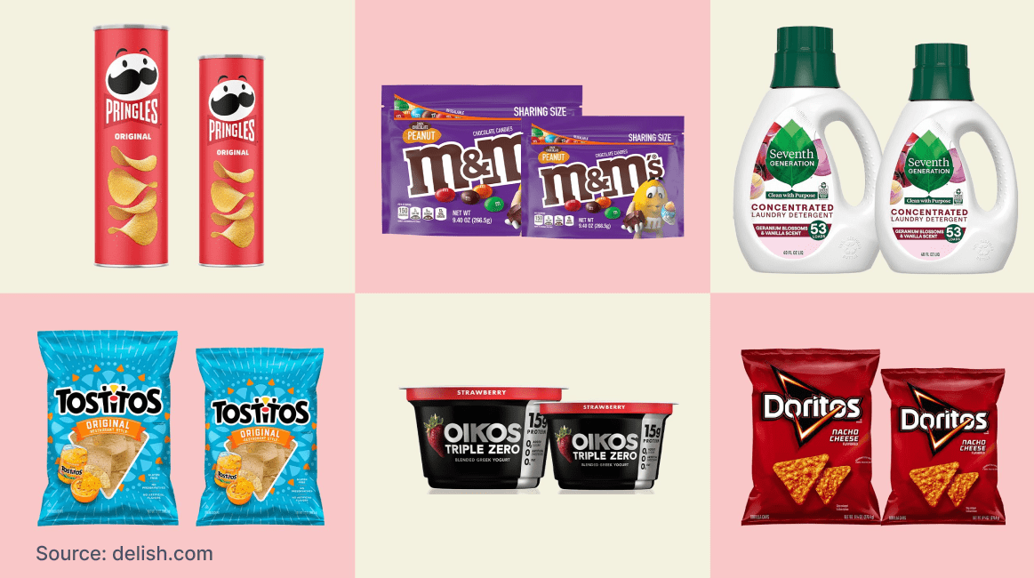 Image depicting shrinkflation with examples of popular products. Brands include Pringles, MM&rsquo;s, Seventh Generation detergent, Tostitos, Oikos yogurt, and Doritos. Each product shows reduced sizes while maintaining the same price. Source: Delish.com.
