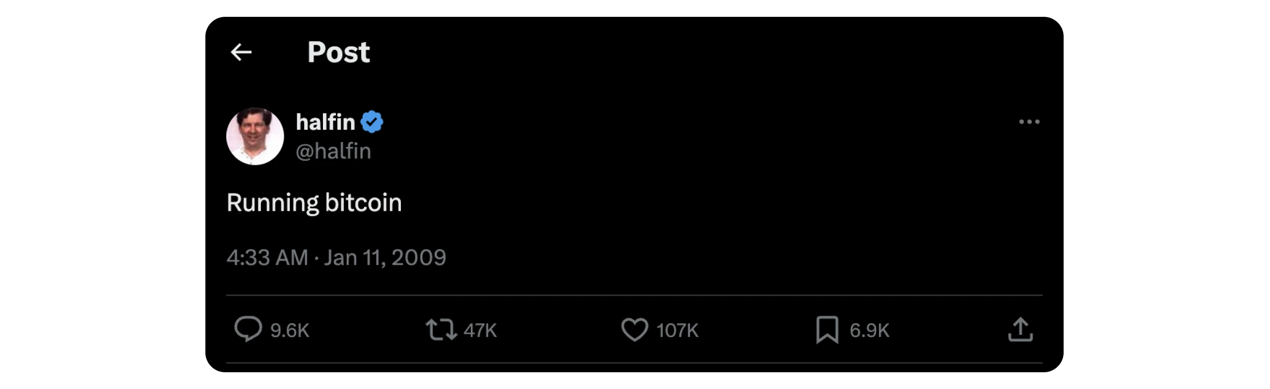 A screenshot of a tweet from Hal Finney who wrote "Running bitcoin"