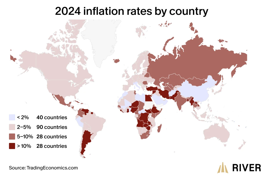 Inflation rates by country shown on a map