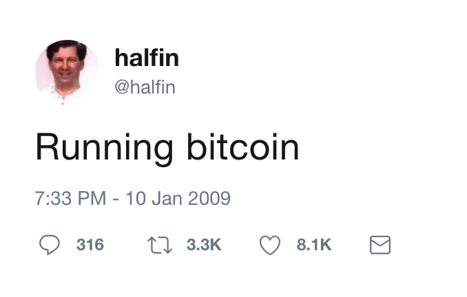 Hal Finney&rsquo;s 2009 tweet announcing &lsquo;Running bitcoin,&rsquo; marking the early days of Bitcoin&rsquo;s existence.